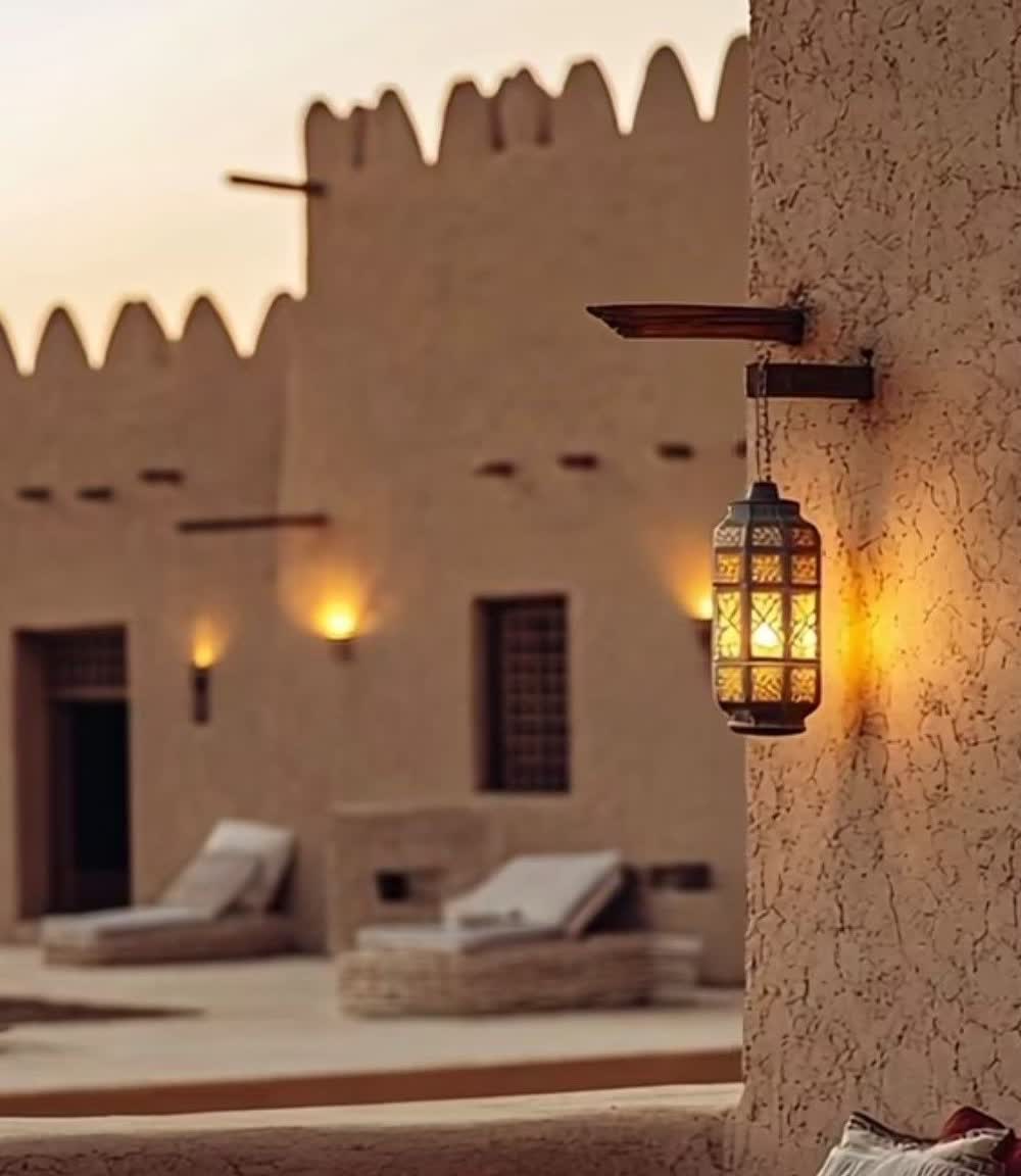 A lantern glowing against a mud-brick wall at dusk
