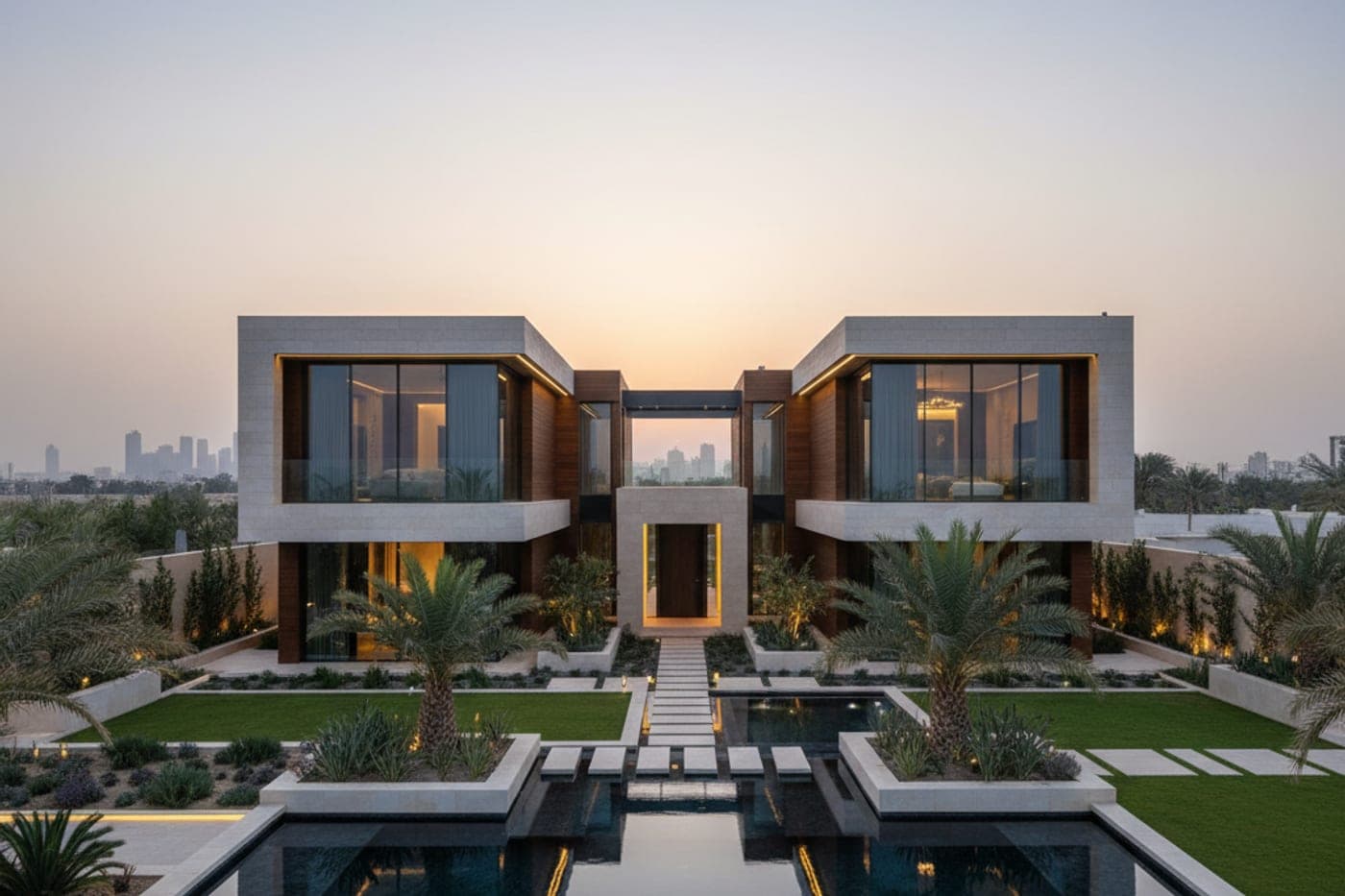 A contemporary Riyadh villa with reflecting pools at dusk